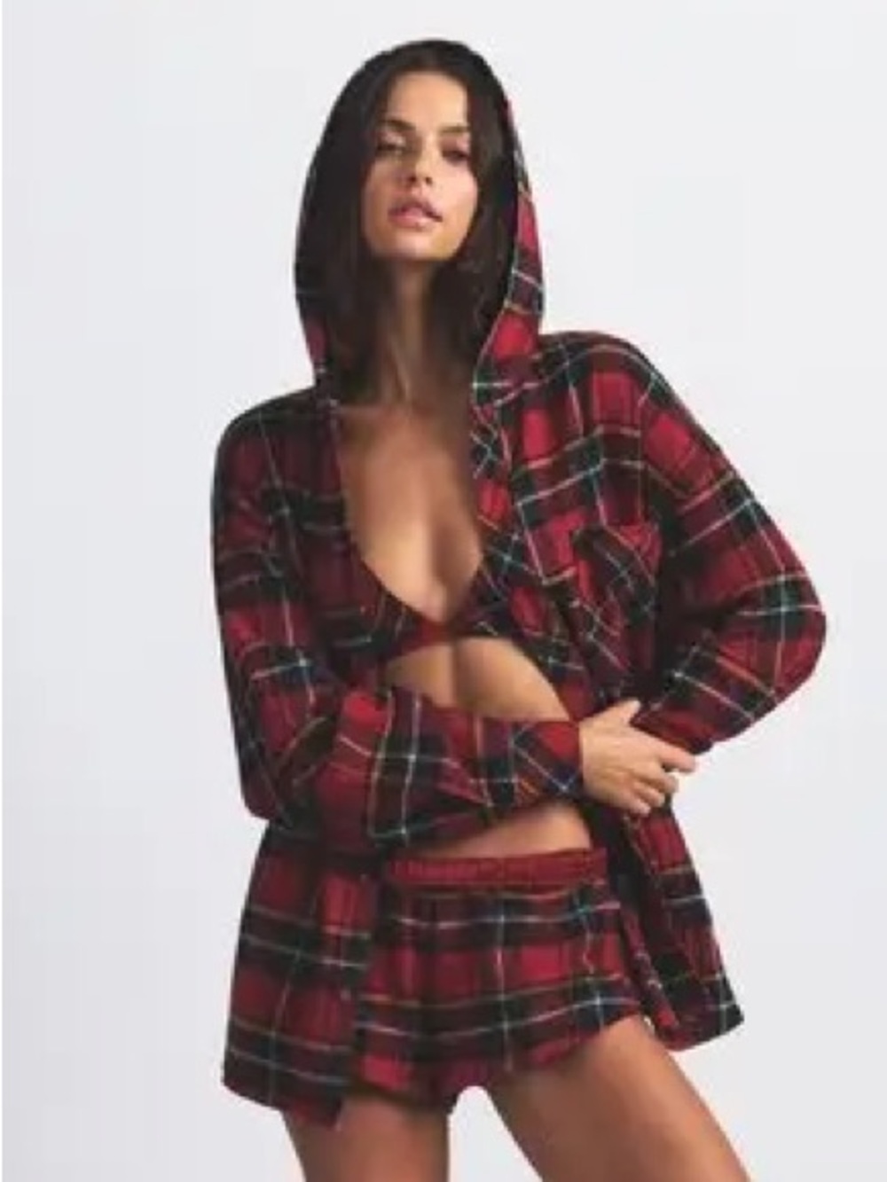 NWT SKIMS Flannel Sleep Hooded Buttondown Shirt Brick Holiday Plaid Small